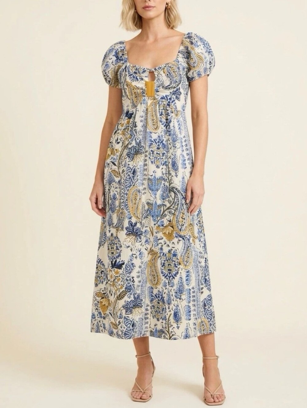 Band Of The Free Paisley Puff Sleeve, Boho Milkmaid, Coachella Y2K Midi Dress
